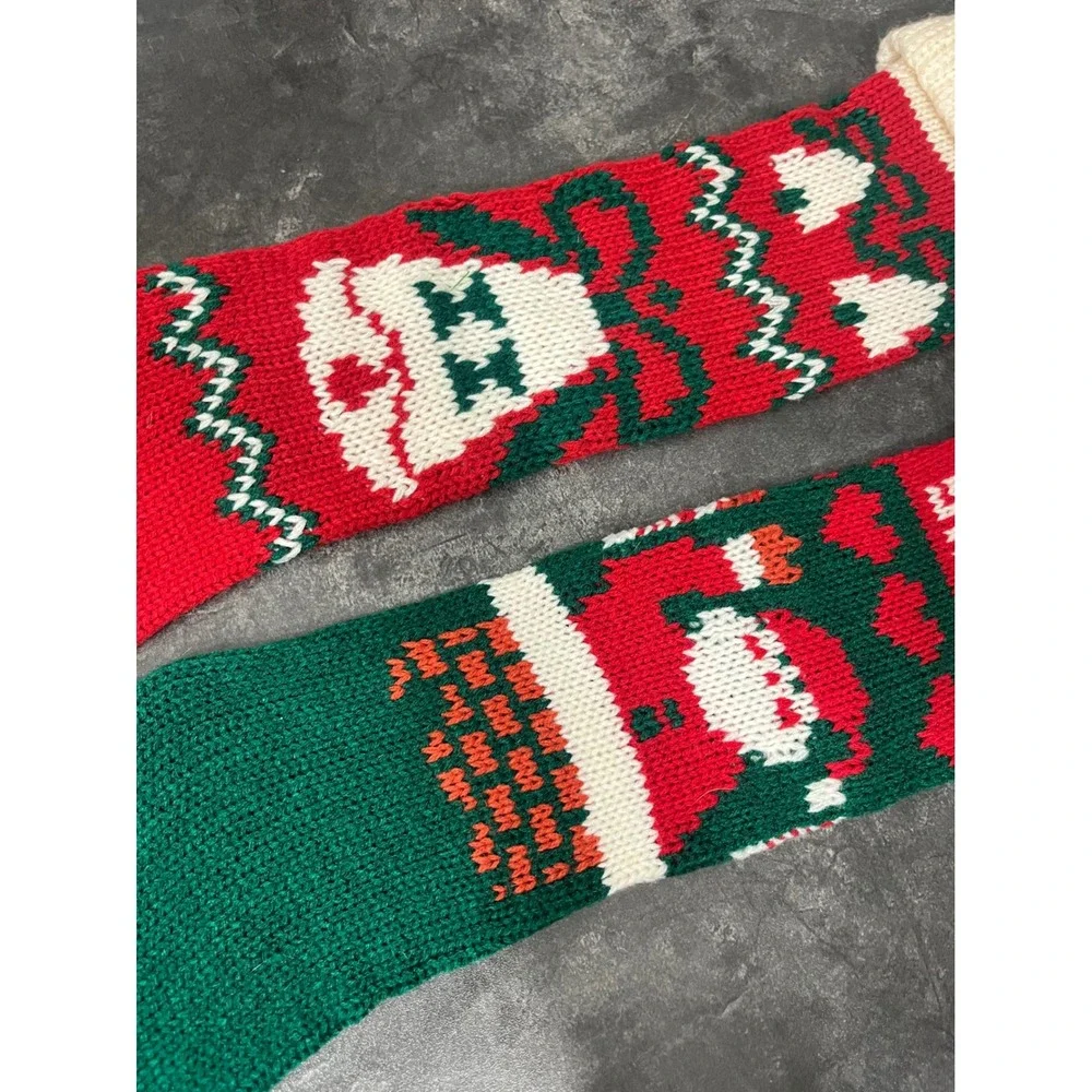 Vintage Inspired Christmas Knit Stockings Set 2pc Holiday Retro Santa Bell